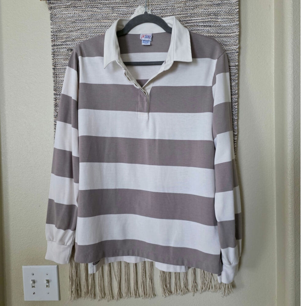 Vintage Women's Taupe White Striped Polo Shirt Long Sleeve Collared Top Size L